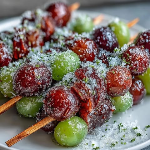 Frozen grape skewers with lime sugar, a refreshing summer treat with juicy grapes and zesty citrus coating.
