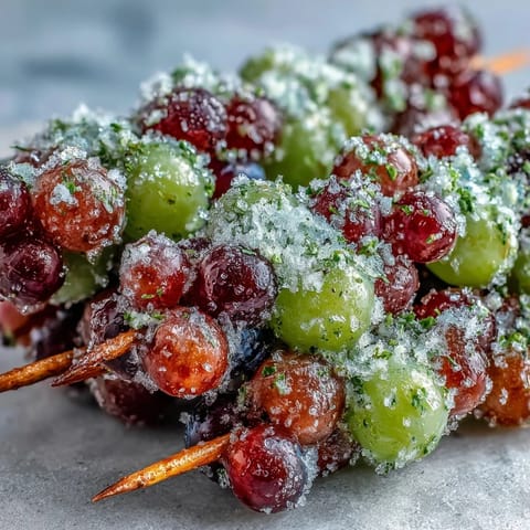 Sweet-tart frozen grape skewers coated in fragrant lime sugar, perfect for cooling off on a hot day.