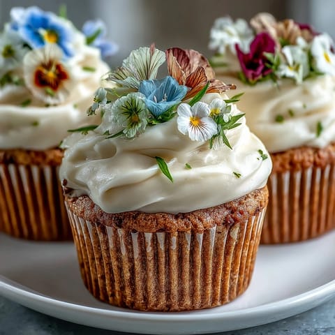Delicate vanilla cupcakes with buttercream frosting and edible spring flowers—a perfect dessert for celebrations or garden parties.