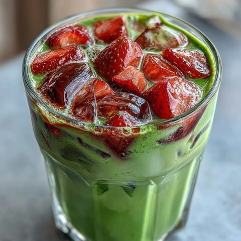 Vibrant layered strawberry matcha latte with oat milk, featuring fresh strawberry puree, creamy oat milk, and frothy matcha in a tall glass.