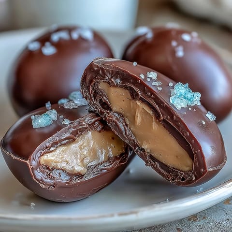 Homemade dark chocolate peanut butter Easter eggs with sea salt, featuring creamy centers and rich chocolate coating, perfect for spring celebrations.