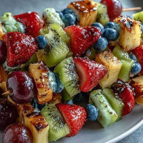 Rainbow Fruit Skewers with Honey Dip, a vibrant and refreshing summer snack, arranged in a colorful pattern with juicy strawberries, pineapple, and grapes.