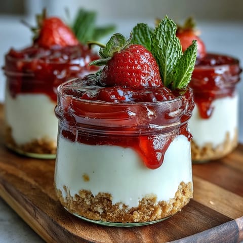 No-Bake Strawberry Cheesecake Jars with fresh strawberry compote and creamy vanilla filling in glass jars.