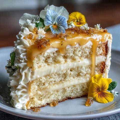 Mother's Day Lemon Curd Layer Cake adorned with vibrant edible flowers.
