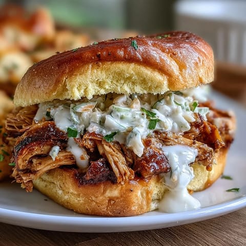 Juicy smoked pulled chicken sandwiches brimming with Alabama white BBQ sauce.