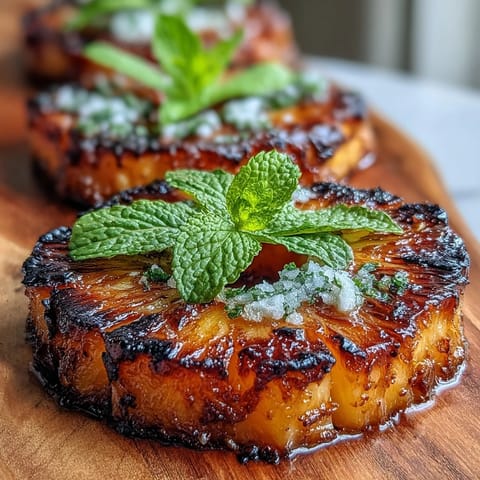 Warm, caramelized grilled pineapple with spicy yuzu kosho butter, topped with mint.