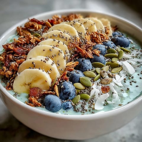 Juicy banana halves crown this healthy High Fiber Smoothie Bowl, ready for breakfast.