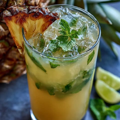 Refreshing Pineapple Coconut Agua Fresca with lime, garnished with fruit.