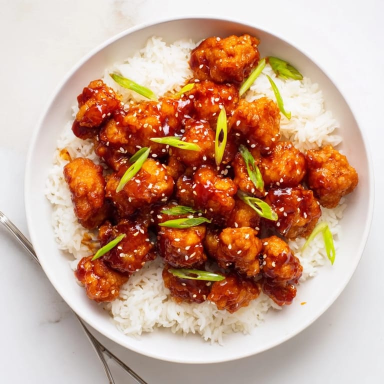Freshly stir-fried General Tsos Chicken with aromatic garlic and ginger, garnished with green onions and sesame seeds.