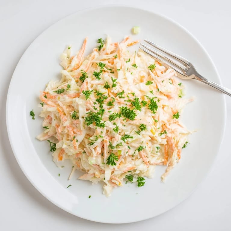 Coleslaw with Apple served chilled in a white bowl, topped with fresh parsley and a sprinkle of black pepper.