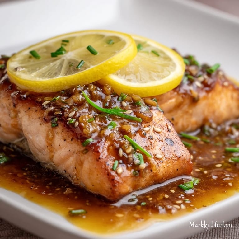 Easy Honey Garlic Salmon fillets glazed in a glossy, reduced sauce, garnished with fresh green onions and sesame seeds, ready to be enjoyed with rice.