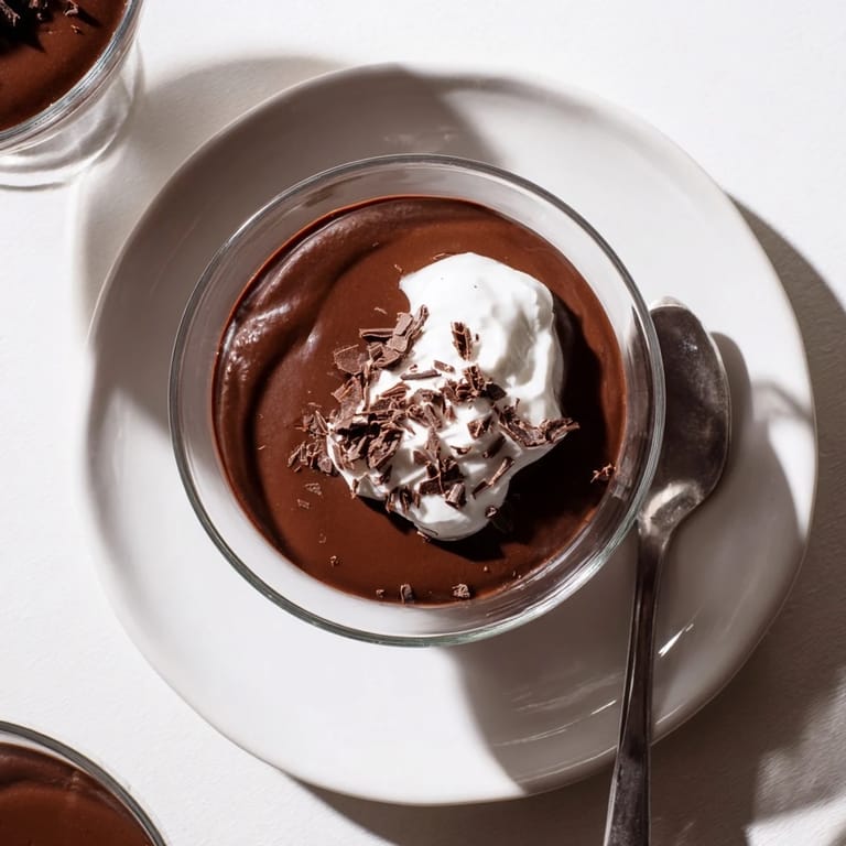 Chocolate pudding dessert served in a porcelain bowl with a spoon, rustic wooden background