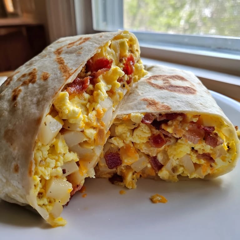 Bacon and melted cheddar cheese peek from a hearty breakfast burrito.