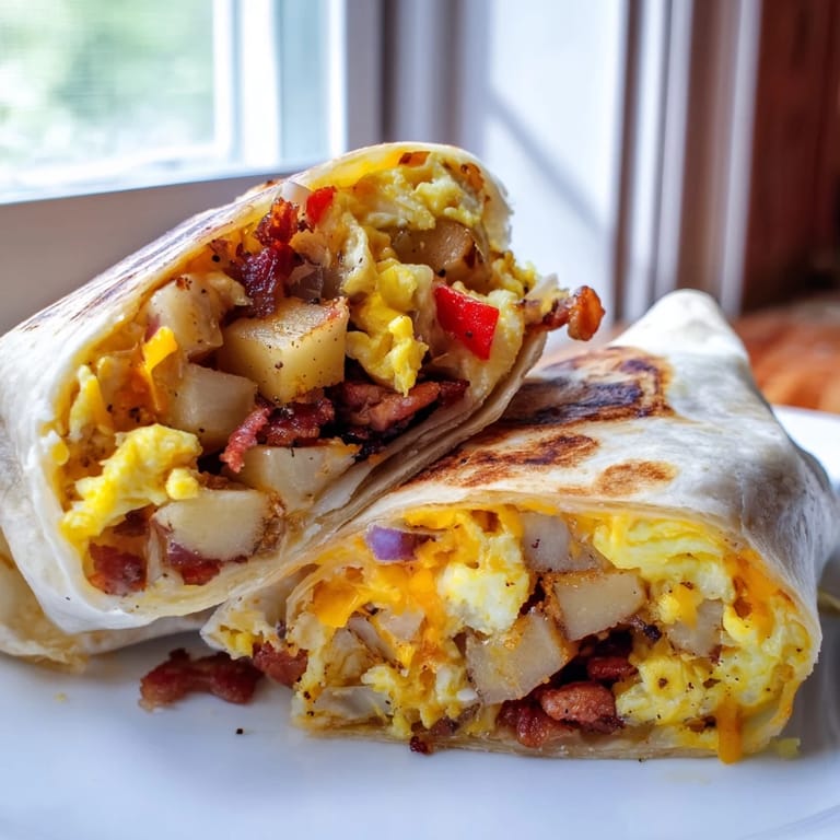 A golden-brown burrito cut in half, revealing savory fillings on a plate.