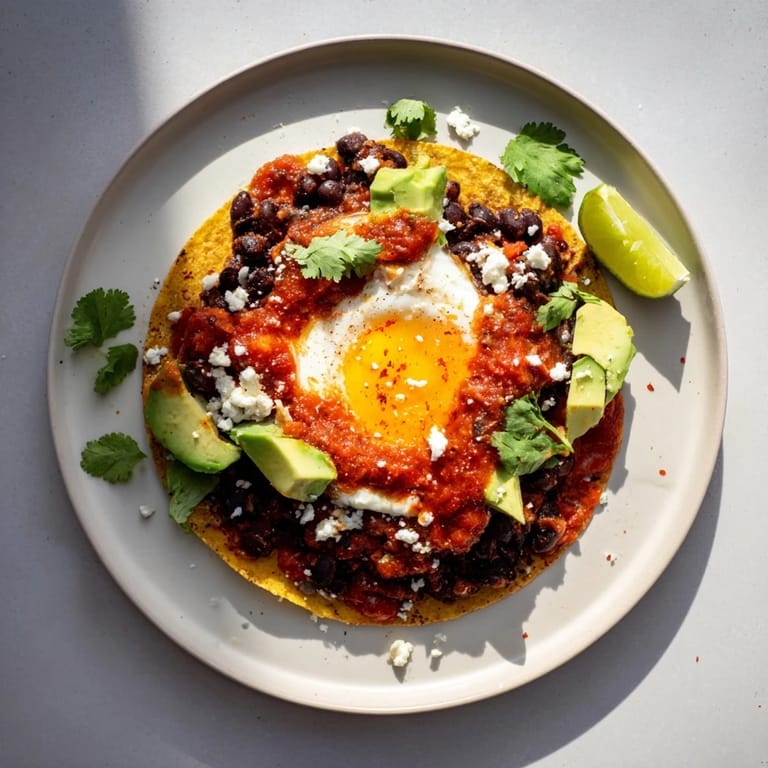 Sizzling Huevos Rancheros with creamy avocado, crumbled queso fresco, and fresh cilantro garnish ready for breakfast.