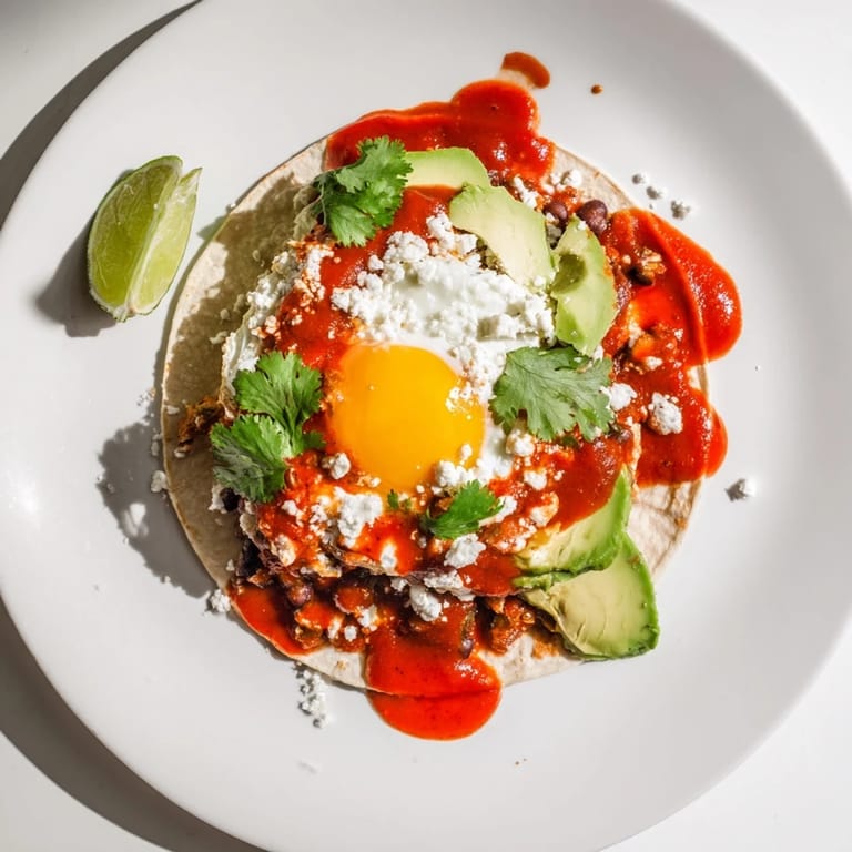 Plated Huevos Rancheros served with lime wedges and a drizzle of spicy tomato sauce for a zesty kick.