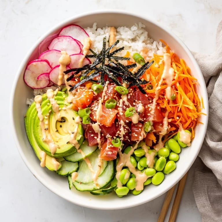 A colorful Poke Bowl topped with creamy avocado slices, crisp cucumber, julienned carrots, and edamame on a bed of fluffy rice.