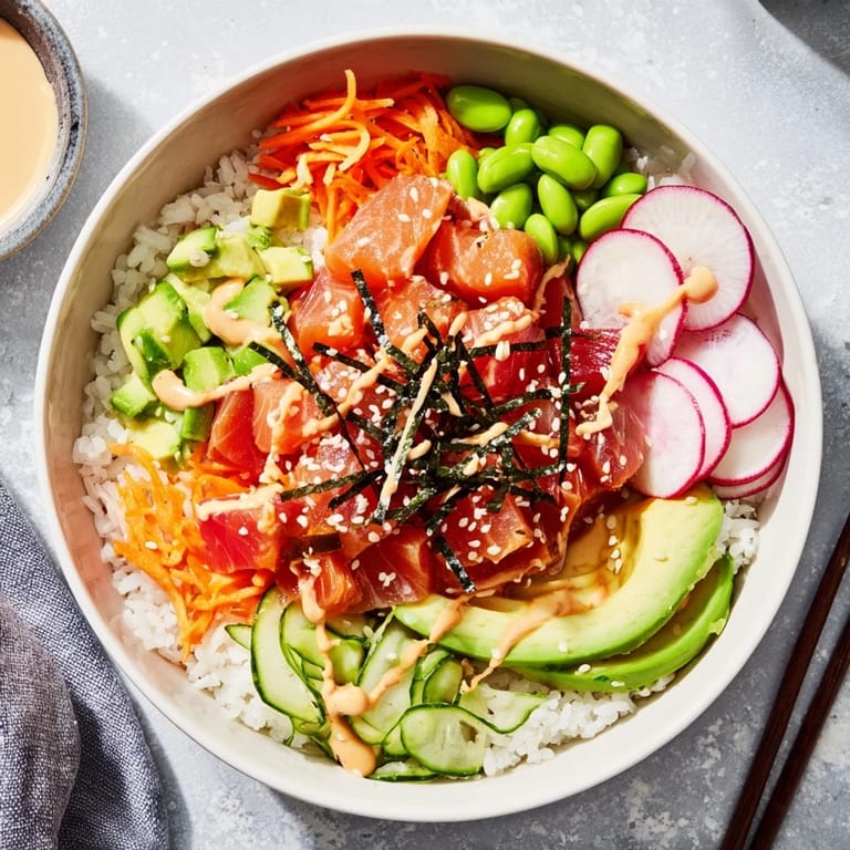 Vibrant Poke Bowl garnished with nori strips, spicy mayo drizzle, and microgreens, ready to serve with lime wedges.