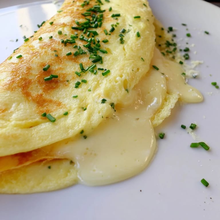 Fluffy, tender omelet with cheese and sautéed mushrooms, garnished with chives and plated next to crusty artisan bread.