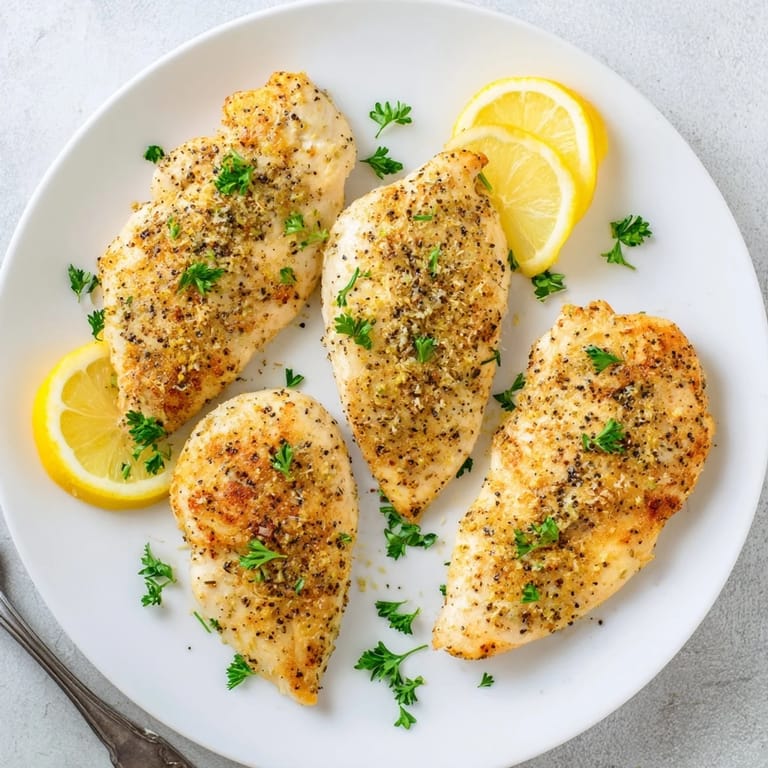 Lemon Pepper Chicken roasting on a baking sheet with visible pepper seasoning and fresh parsley garnish.