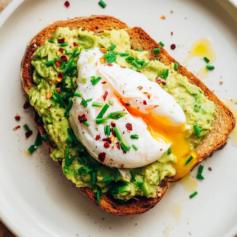 Golden toasted bread spread with bright lemon-seasoned avocado and a poached egg, ideal for a satisfying vegetarian brunch.