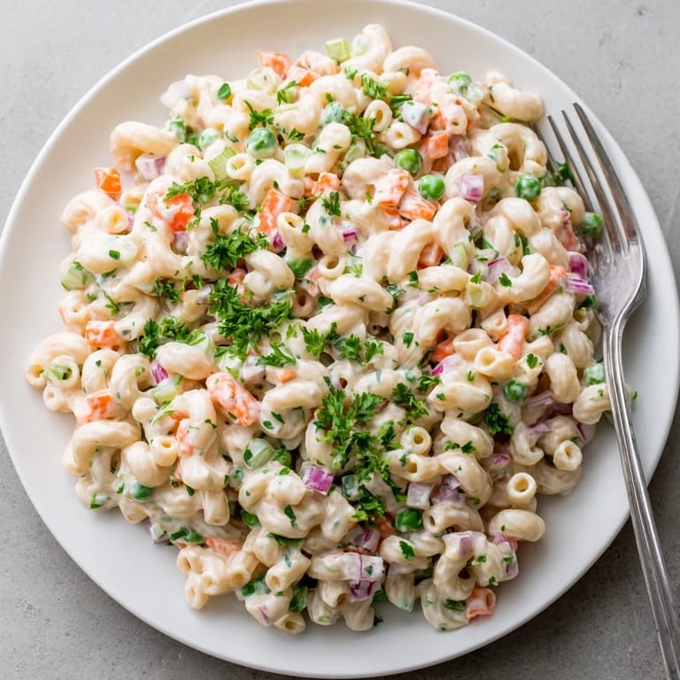 Freshly mixed macaroni salad with creamy dressing and parsley garnish, ideal for potlucks and picnics.