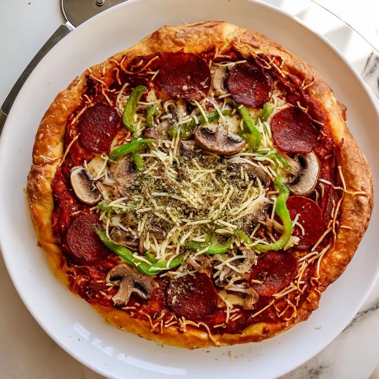 Cheesy Stuffed Crust Pizza hot from the oven, featuring a pepperoni and veggie topping on a bubbling, golden-brown crust.