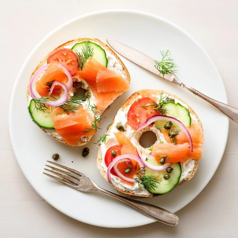 Toasted everything bagel loaded with thick cream cheese, capers, and smoked salmon, creating a fresh, tangy New York-style breakfast treat.