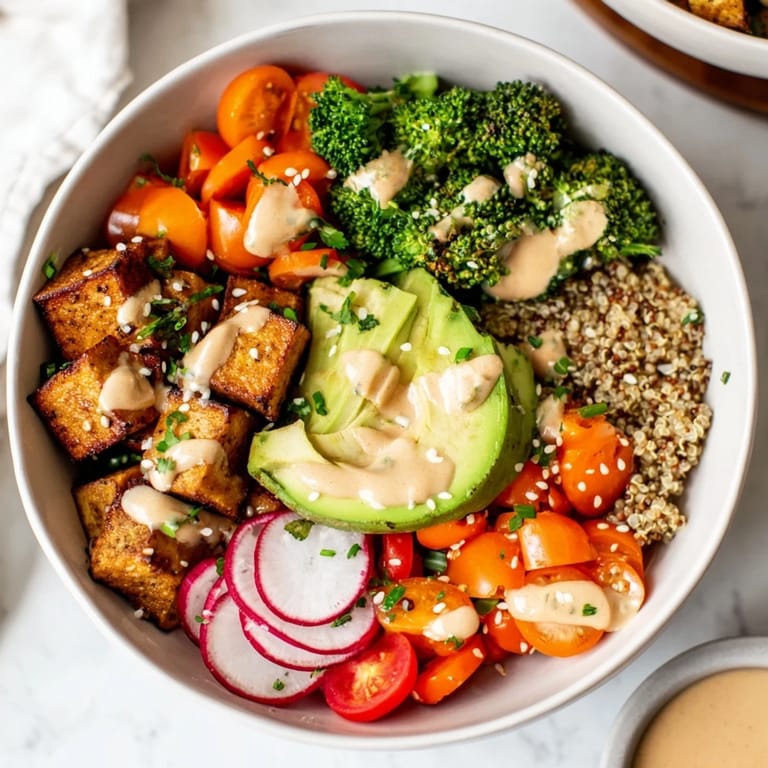 Colorful Buddha bowl with tofu, avocado, pickled onions, and sesame seeds finished with fresh herbs.