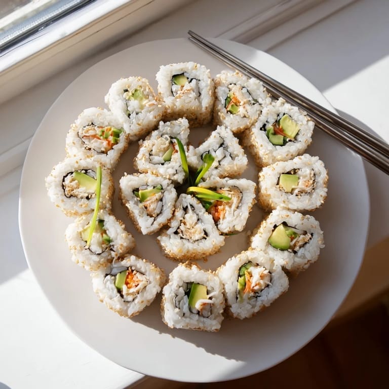 Hand-rolled California Roll pieces garnished with sesame seeds, showcasing layers of crisp cucumber and ripe avocado on a bamboo mat.