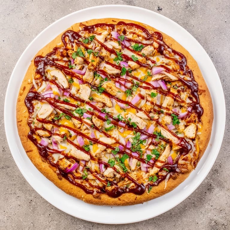 Perfectly baked Chicken BBQ Pizza with a golden crust, topped with chopped cilantro and extra barbecue sauce, served hot on a wooden cutting board.