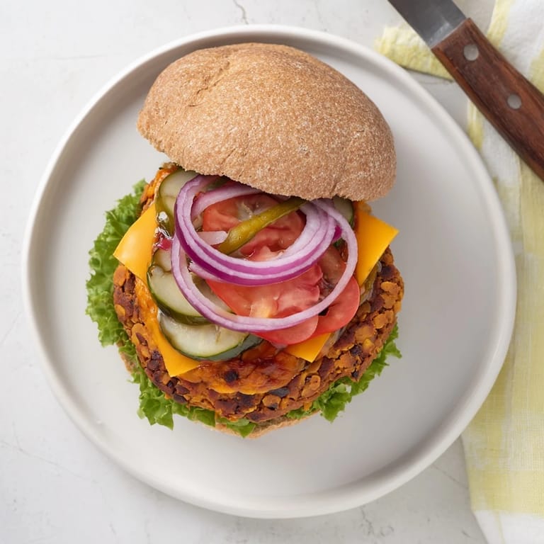 Stacked whole wheat veggie burger with melted cheddar, lettuce, tomato, pickles, and condiments on a plate.