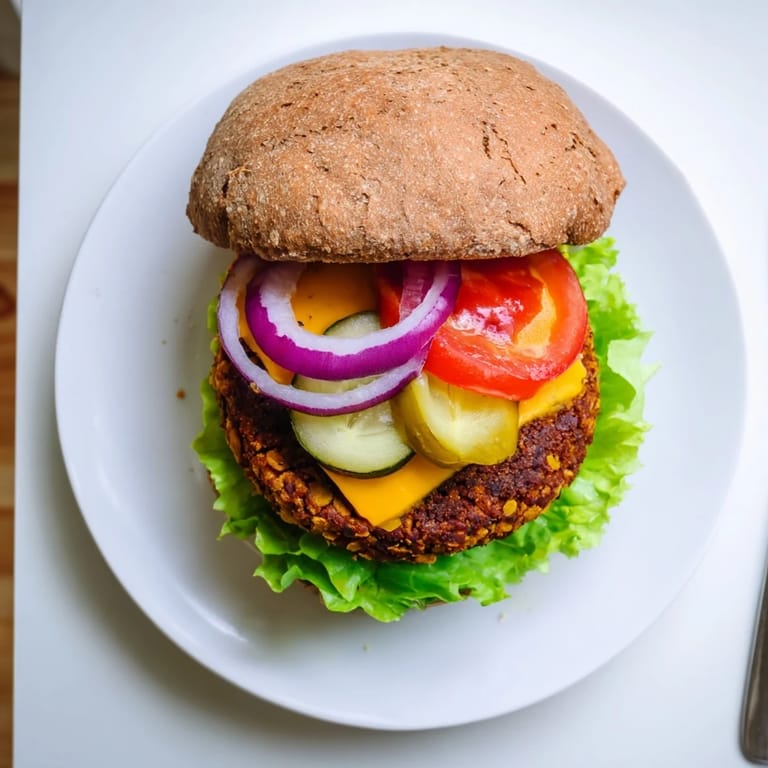 Freshly prepared plant-based veggie burger with chickpeas and spices, served with ketchup and mustard on the side.