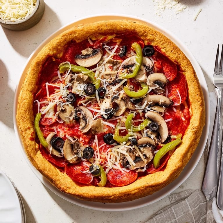 Classic Chicago-style Deep Dish Pizza featuring a thick, cheesy base, chunky tomato sauce, and a golden, crisp edge.