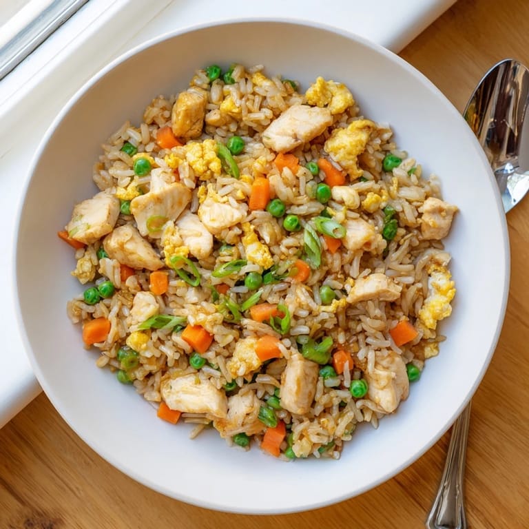 Steaming hot jasmine rice is stir-fried in a wok with savory soy sauce and fresh green onions for this classic dish.