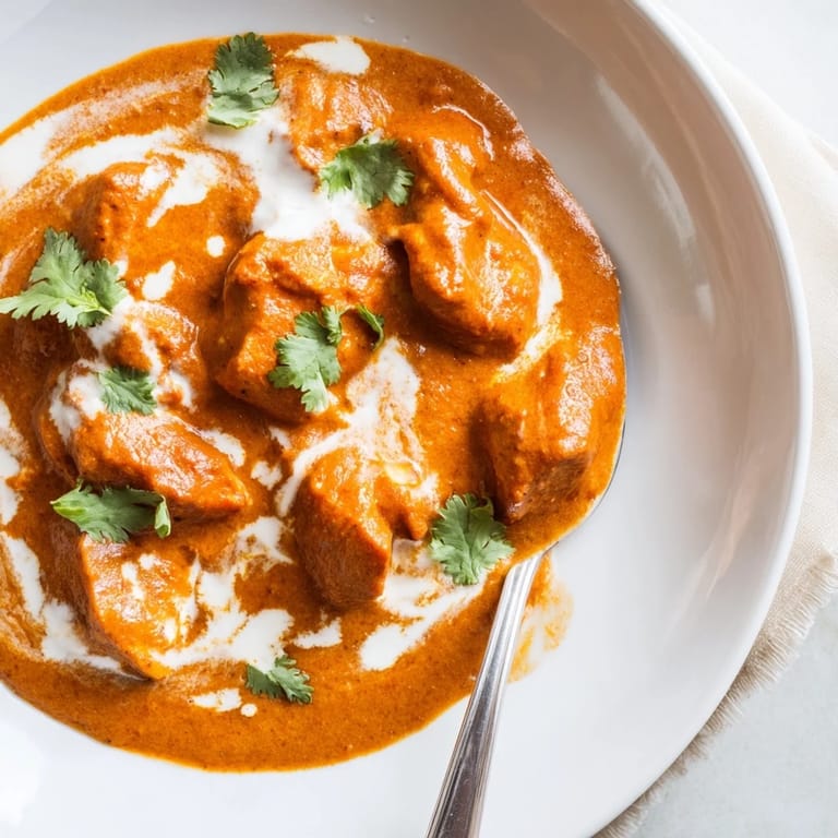 Steaming bowl of Chicken Tikka Masala with tender chicken in a rich, spiced sauce, garnished with fresh green cilantro.