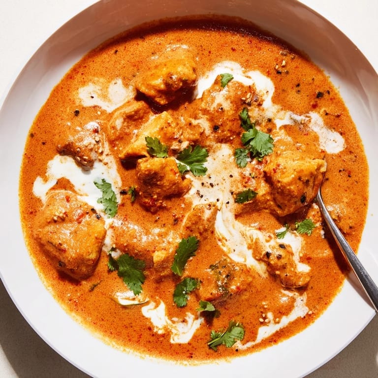 Restaurant-style Chicken Tikka Masala plated with naan bread on the side, featuring a vibrant, creamy texture and aromatic spices.