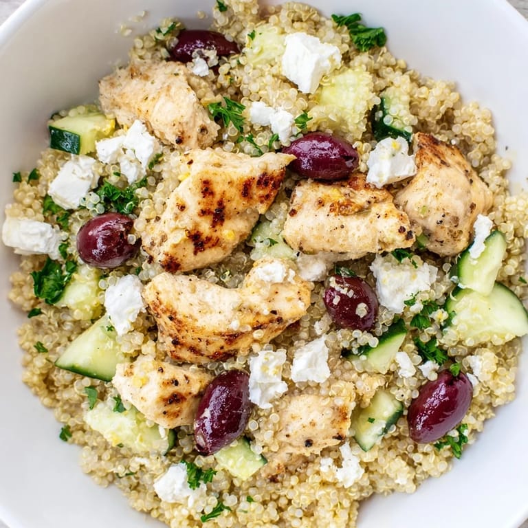Serving suggestion for Mediterranean Chicken Bowl: a forkful of seasoned chicken, olives, and crisp cucumbers over quinoa.  