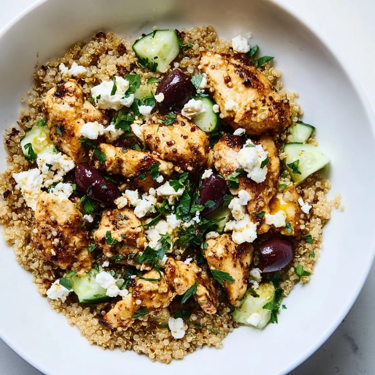 Ready-to-eat Mediterranean Chicken Bowl featuring tender chicken, tangy feta, and a zesty lemon-oregano dressing drizzle.