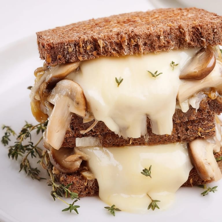 This Mushroom Swiss Grilled Cheese is perfectly golden-brown and sliced, showcasing its melty cheese and hearty mushroom layers beside a bowl of soup.