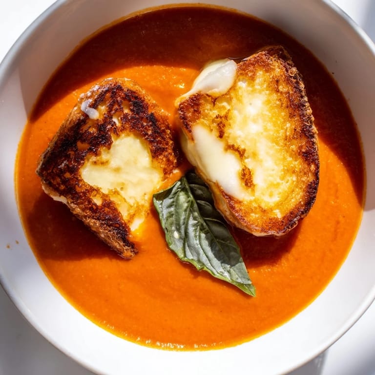 Roasted tomato soup with grilled cheese croutons on a cozy, candlelit dinner table.