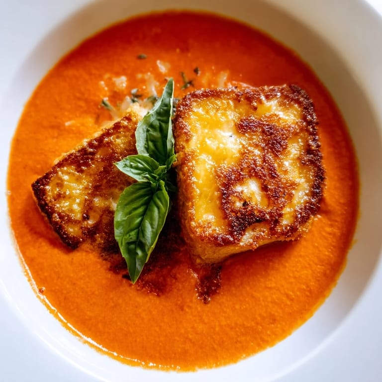 Homemade roasted tomato soup with golden grilled cheese croutons, served steaming hot.