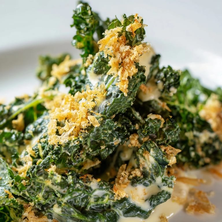 A close-up view highlights the tender green kale leaves coated in rich dressing, finished with crispy panko and fresh pepper.