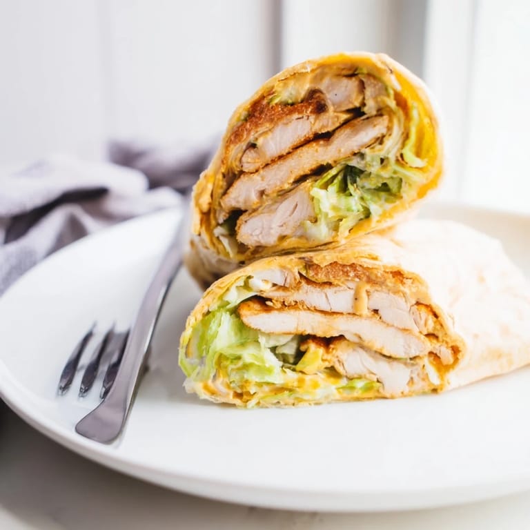 A close-up of a sliced honey mustard chicken wrap, revealing layers of tender chicken and vibrant vegetables inside.  