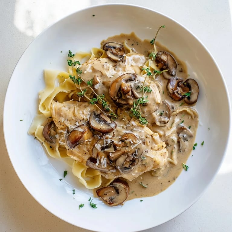 Tender chicken Marsala topped with fresh parsley and Parmesan, swimming in a rich, velvety sauce beside twirled pasta noodles.