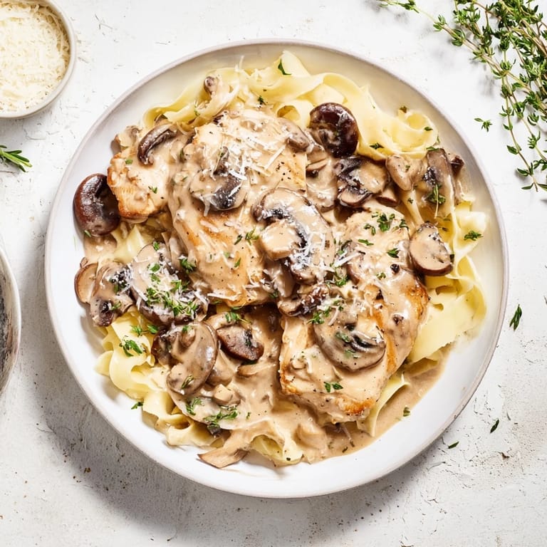 Savory homemade Creamy Chicken Marsala dish with golden pasta, earthy mushrooms, and a garnish of fresh green parsley.