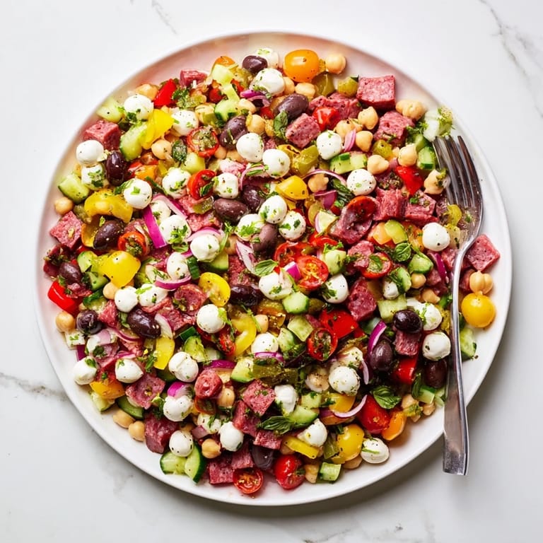 Serving suggestion for Crunchy Antipasto Chopped Salad: a gluten-free Italian-American appetizer perfect for summer potlucks and quick, healthy lunches.