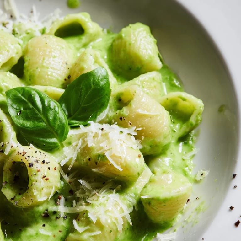 A close-up of Creamy Avocado Pesto Mac showing creamy sauce clinging to pasta and cracked pepper.