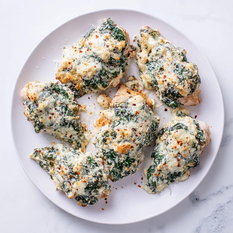 Sliced Spinach & Artichoke Chicken Bake on a white plate, revealing juicy chicken interior with spinach and artichoke pieces in a creamy sauce.