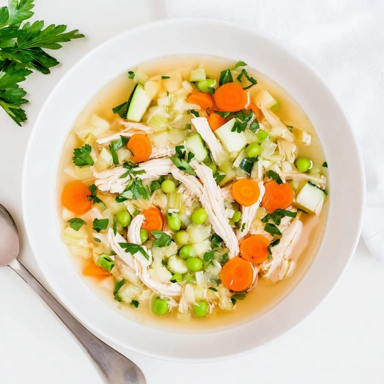 Spring Garden Chicken Soup steaming in a rustic bowl, garnished with fresh parsley and a lemon wedge for brightness.  